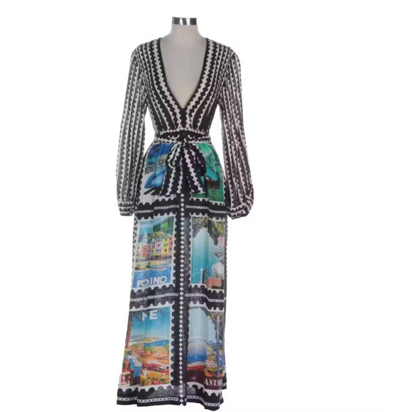 Mary Katrantzou Plunging V-Neck Maxi Dress in Postage Stamp Printed Linen - Picture 1 of 8